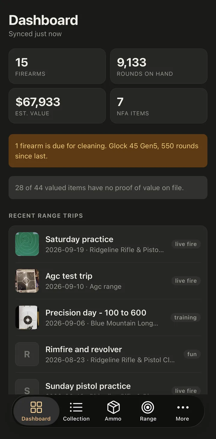 GunCollector on iPhone: the dashboard showing 15 firearms, rounds on hand, estimated value, NFA items, a cleaning reminder and recent range trips