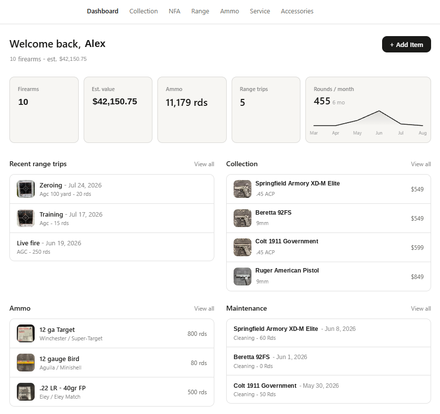 GunCollector dashboard showing collection value, recent range trips, and maintenance history