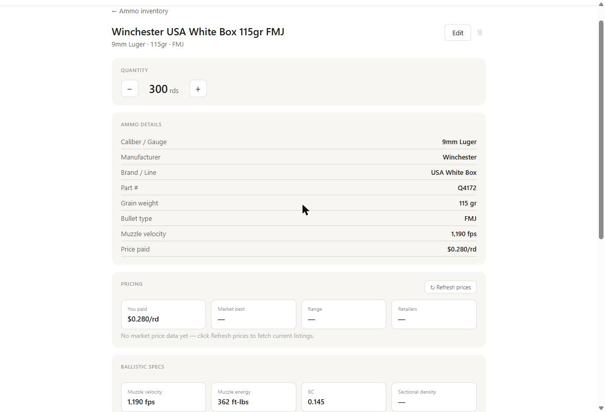 Ammo detail page for Winchester USA White Box 115gr FMJ showing Muzzle velocity 1,190 fps, Muzzle energy 362 ft-lbs, and BC 0.145 in the Ballistic Specs section