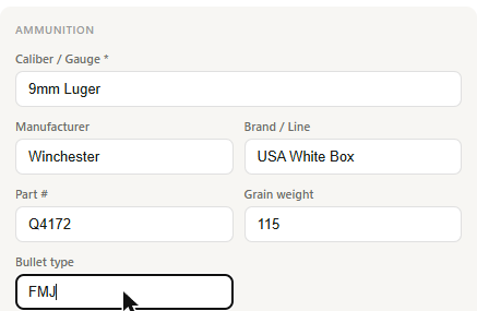 Ammo entry form filled in: Caliber 9mm Luger, Manufacturer Winchester, Brand/Line USA White Box, Part number Q4172, Grain weight 115, Bullet type FMJ