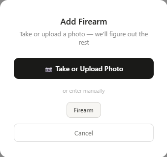 The Add Firearm modal offering Take or Upload Photo or manual entry