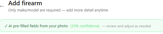 AI pre-filled fields from your photo banner showing 35% confidence, with a note to review and adjust as needed