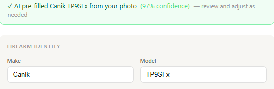 AI pre-fill confirmation after uploading a firearm photo