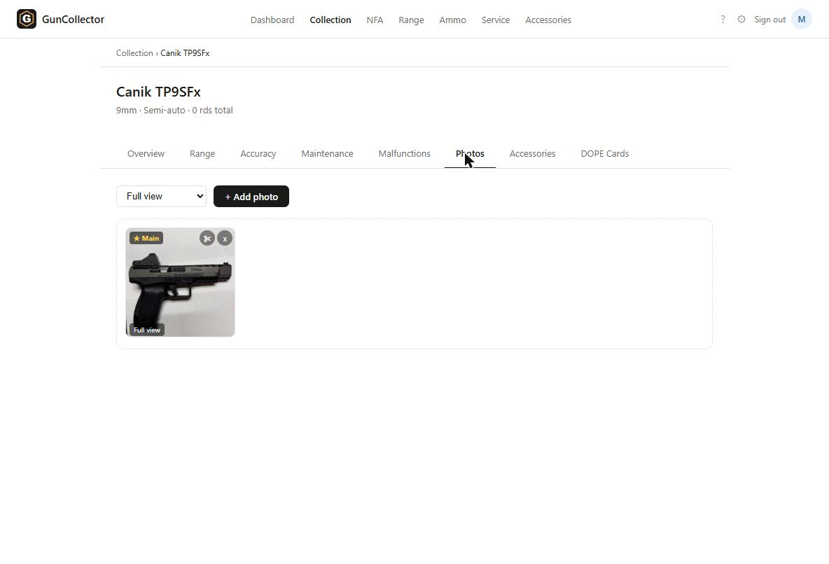 Photos tab for the Canik TP9SFx showing the uploaded photo marked Main