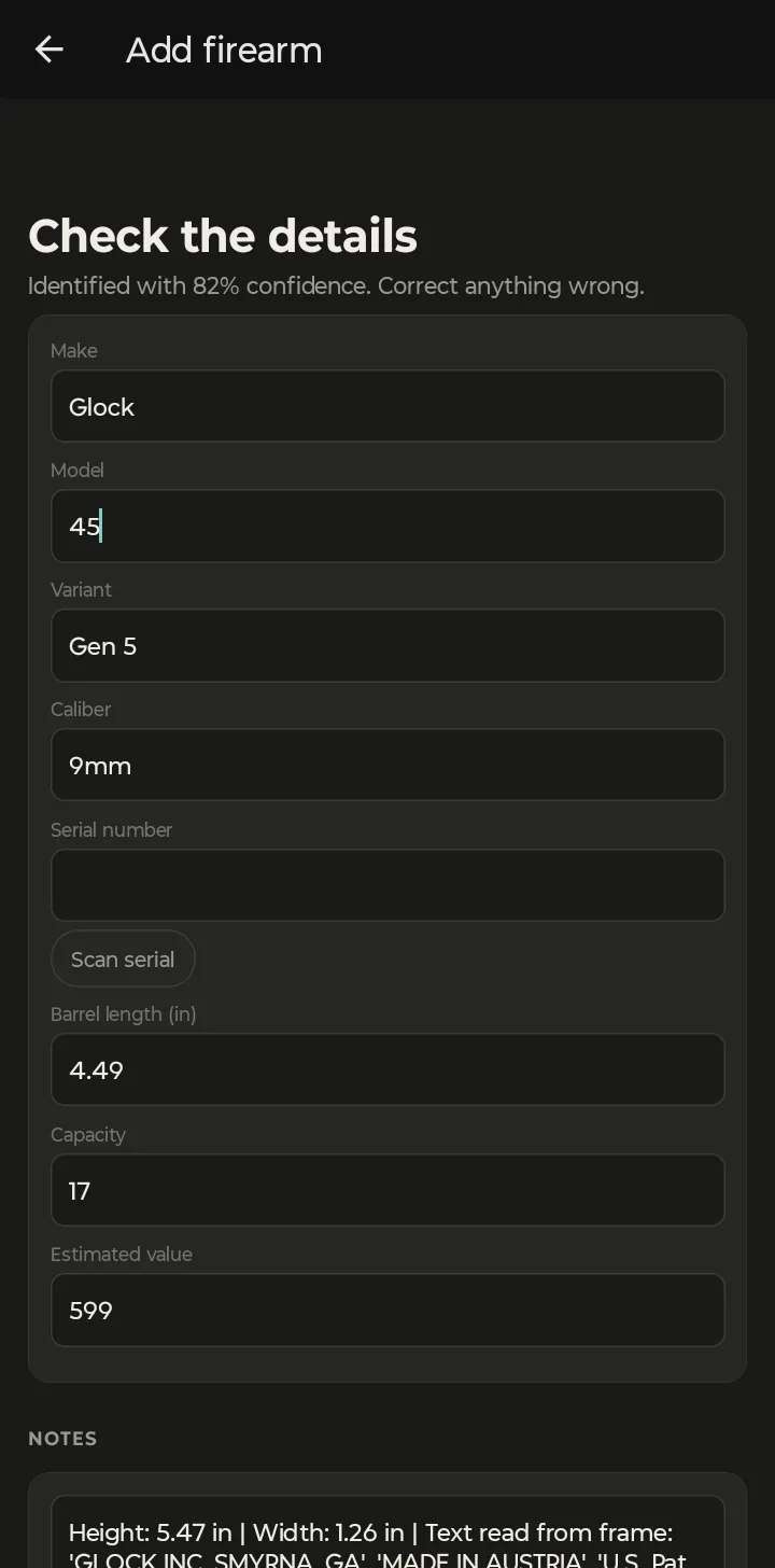 The same form after correcting the Model field from 17 to 45