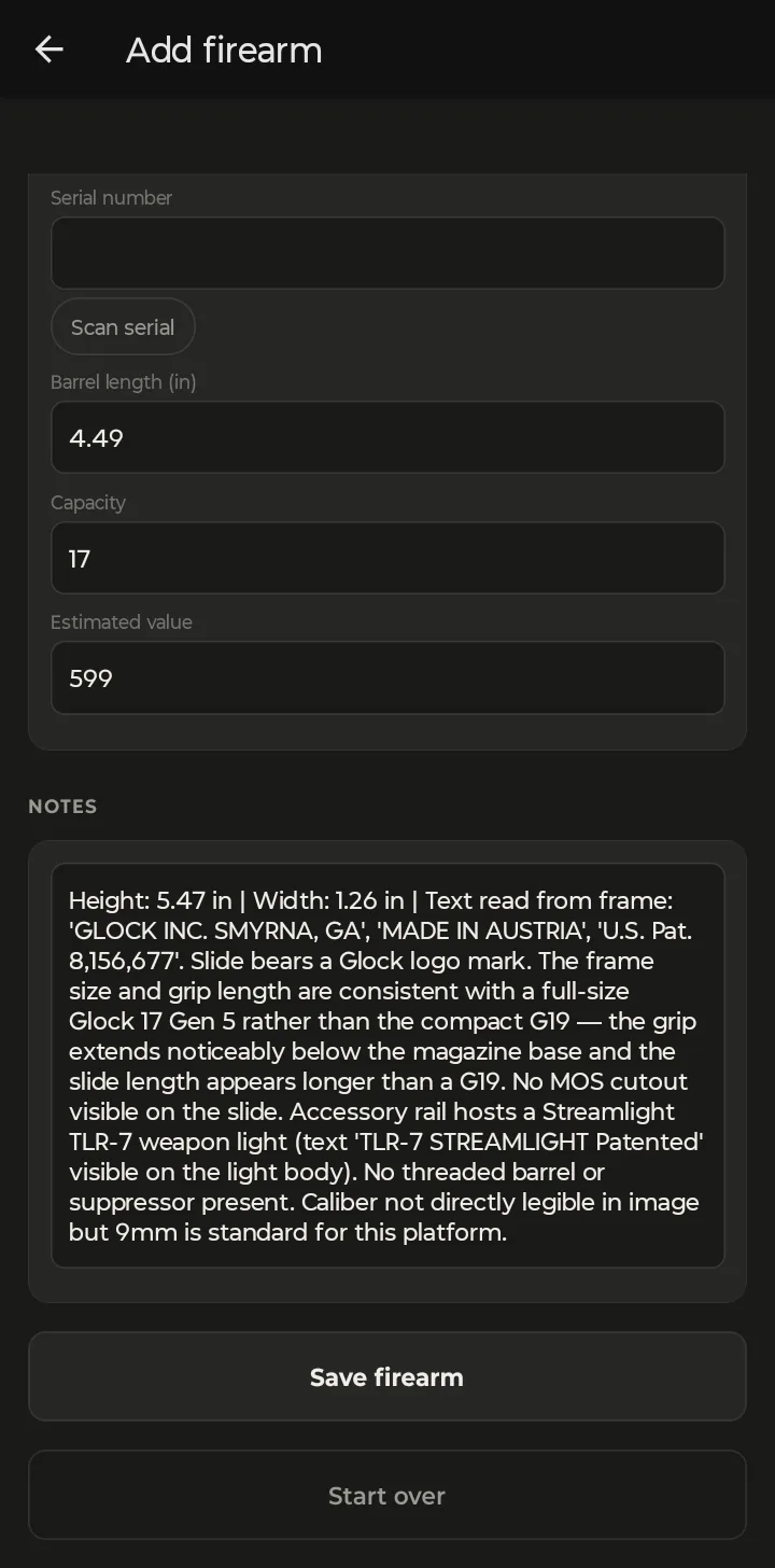 The Notes field: height and width estimates, text read from the frame, a Streamlight TLR-7 weapon light identified, and the reasoning for the model call. Save firearm and Start over buttons below