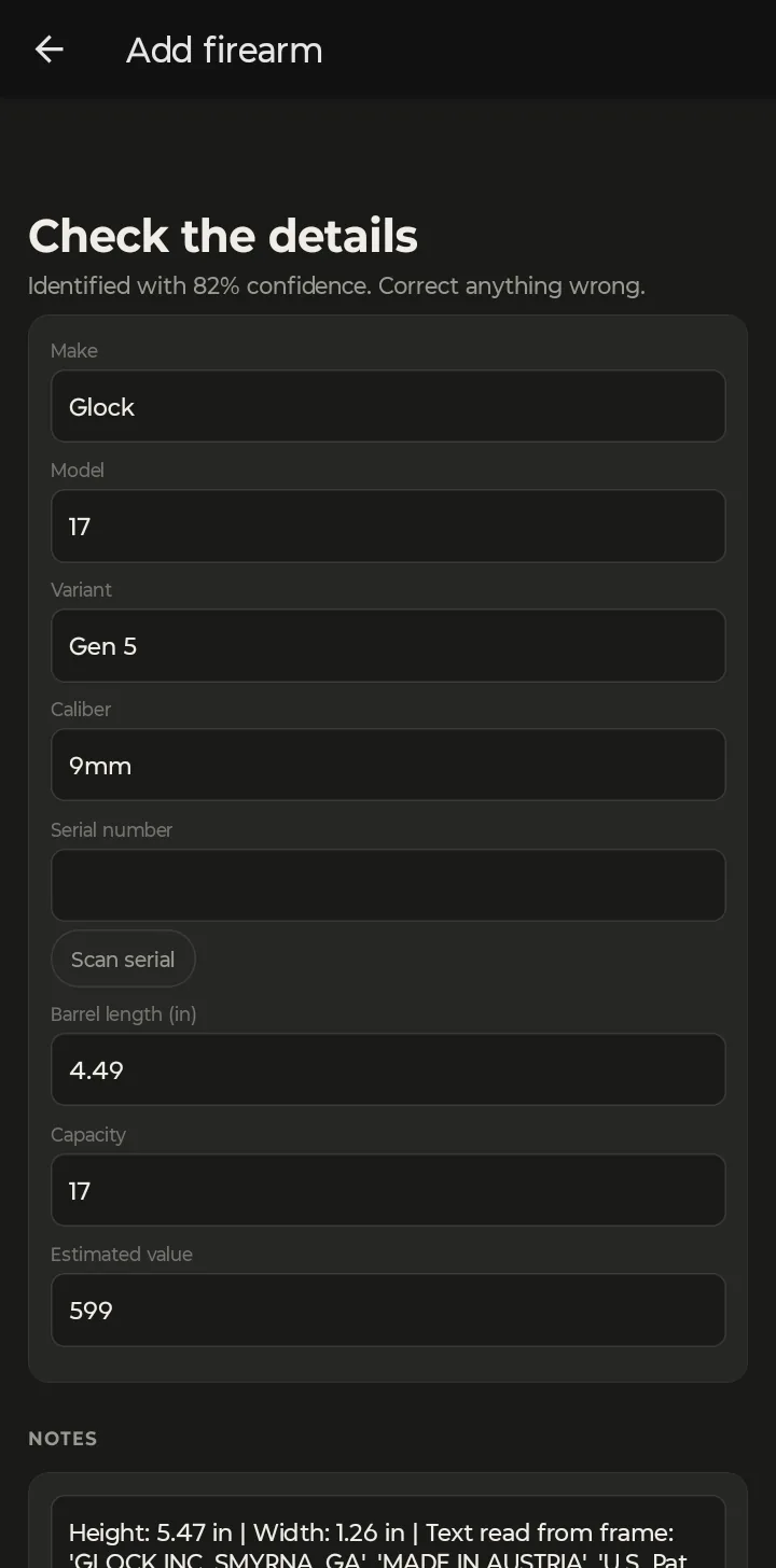AI-filled firearm details on a phone