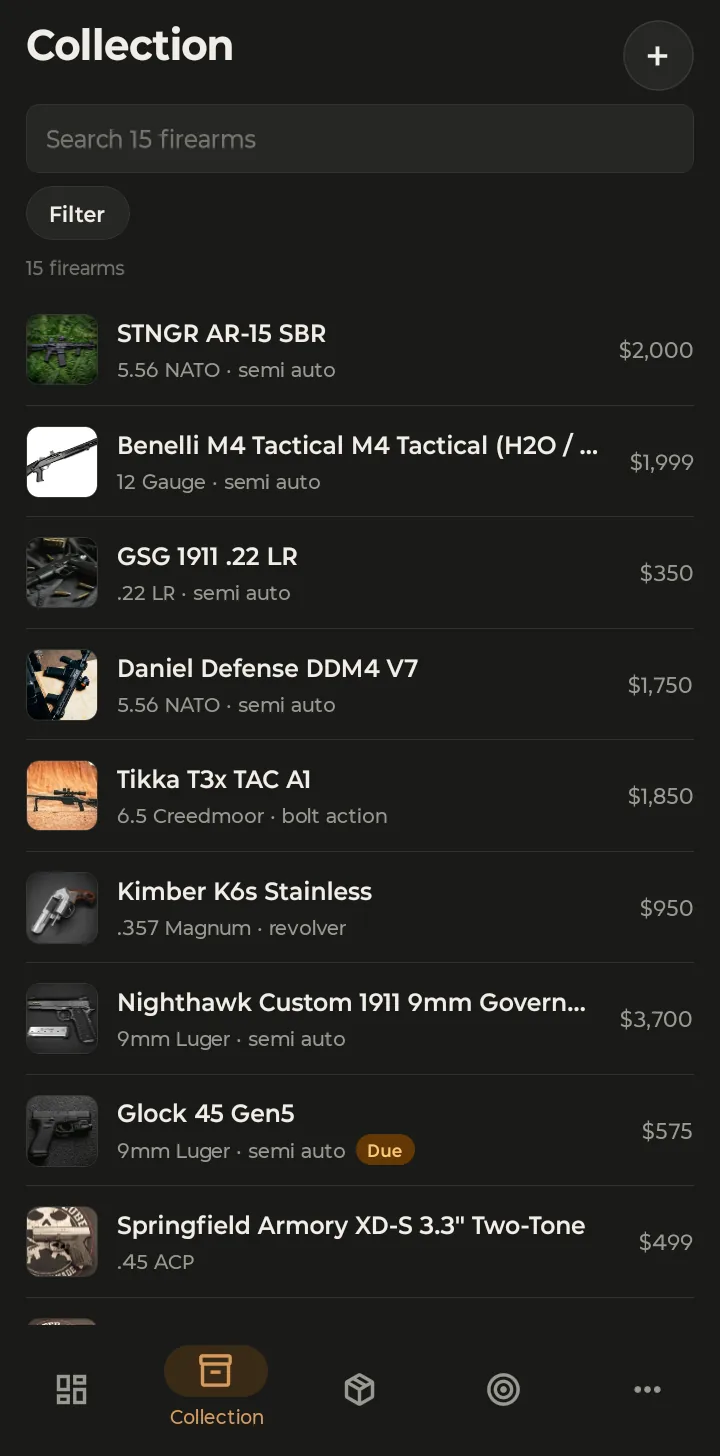 The Collection tab listing firearms with thumbnails, calibers and values