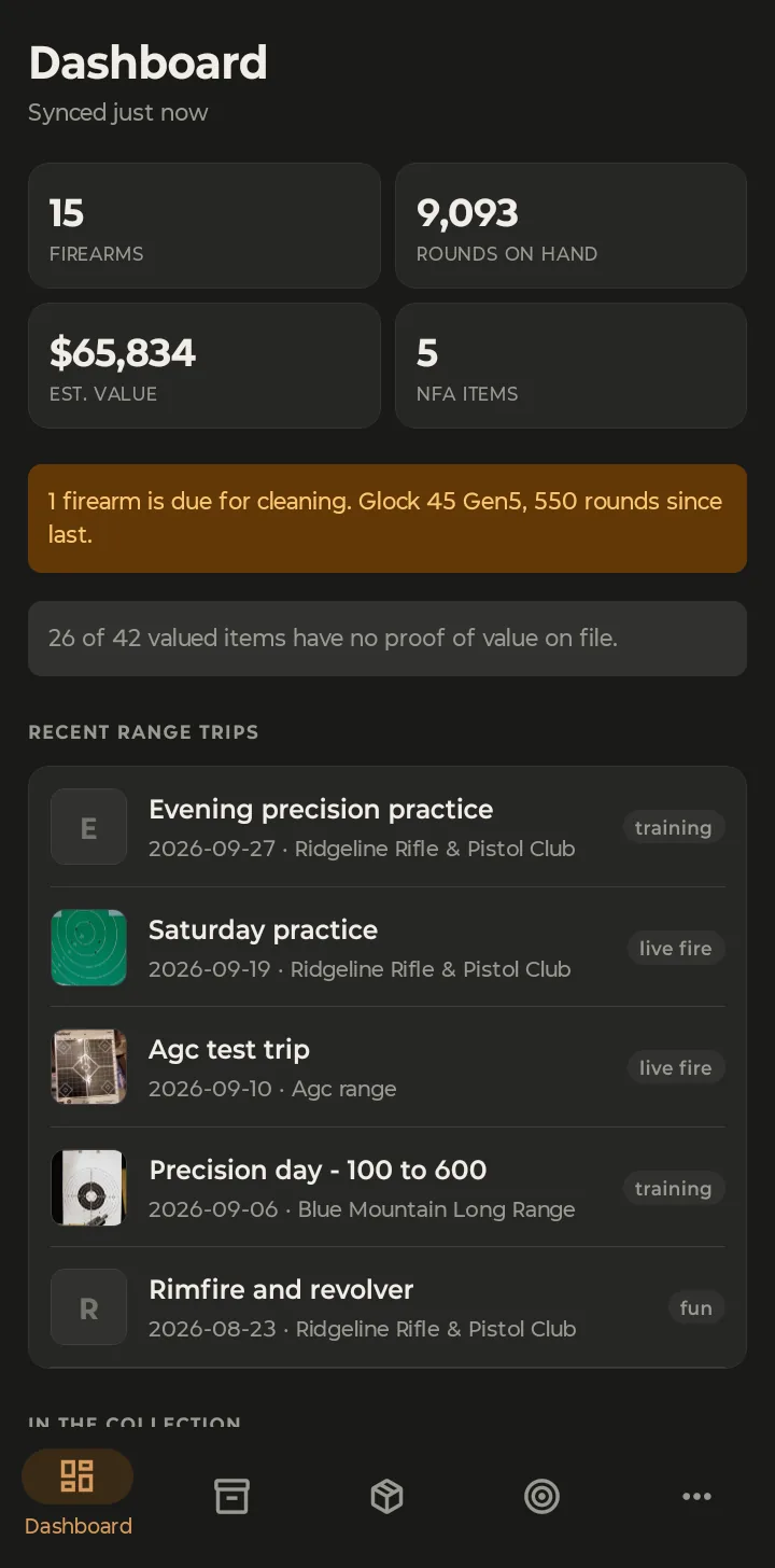 The GunCollector dashboard on Android: 15 firearms, 9,093 rounds on hand, $65,834 estimated value, 5 NFA items, a cleaning reminder and recent range trips