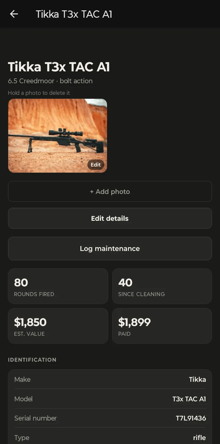 Firearm detail for a Tikka T3x TAC A1: photo, Add photo, Edit details, Log maintenance, rounds fired, rounds since cleaning, estimated value and price paid