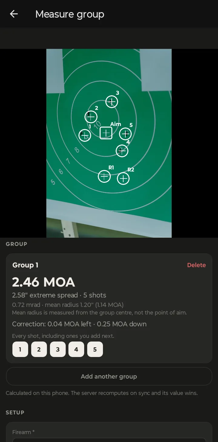 Group 1: 2.46 MOA, 2.58 inch extreme spread, 5 shots, 0.72 mrad, mean radius 1.20 inches (1.14 MOA), correction 0.04 MOA left and 0.25 MOA down
