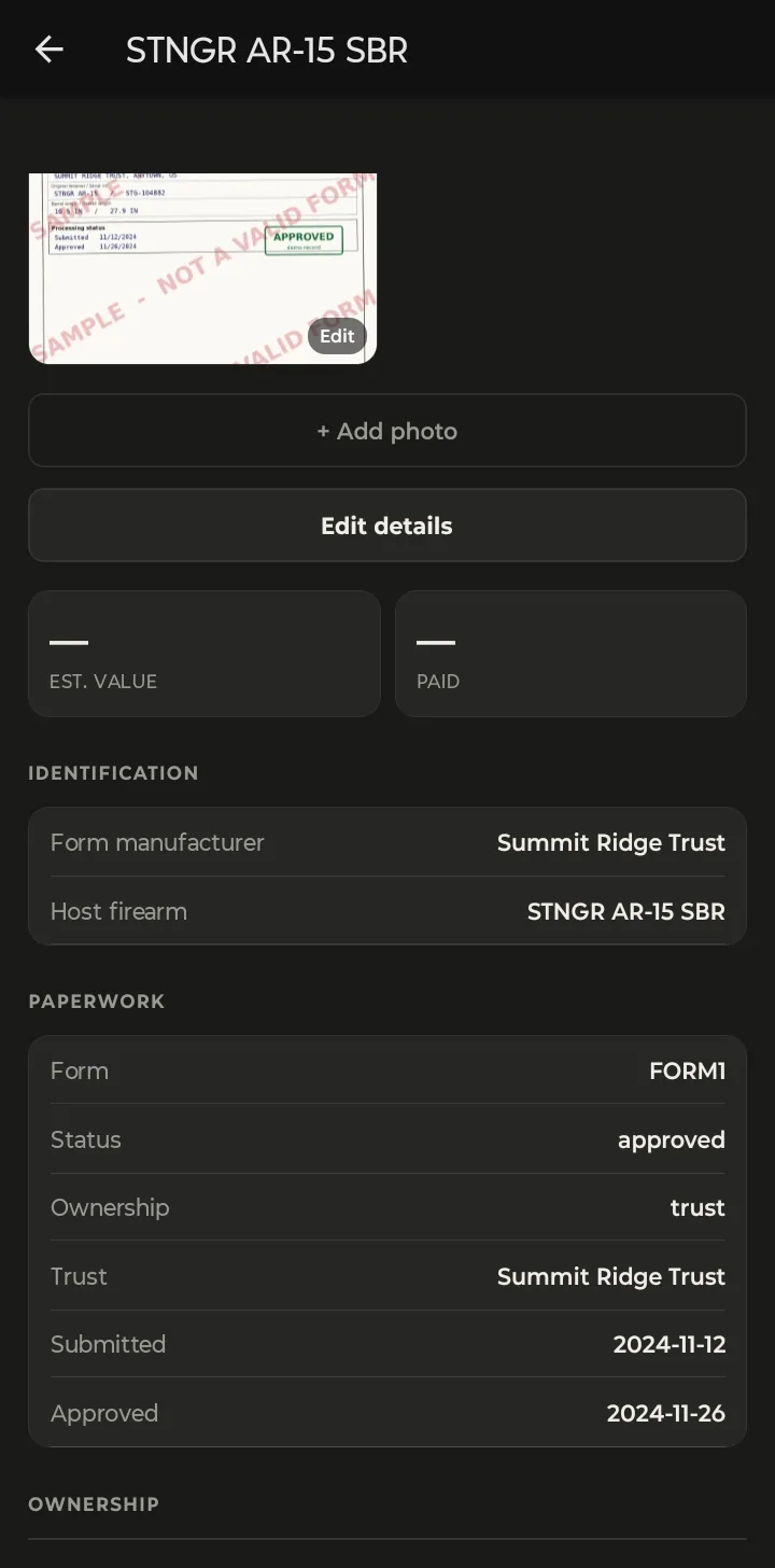 An NFA item record: a watermarked sample Form 1 photo, form manufacturer, host firearm, and the paperwork section with form type, status, trust, submitted and approved dates