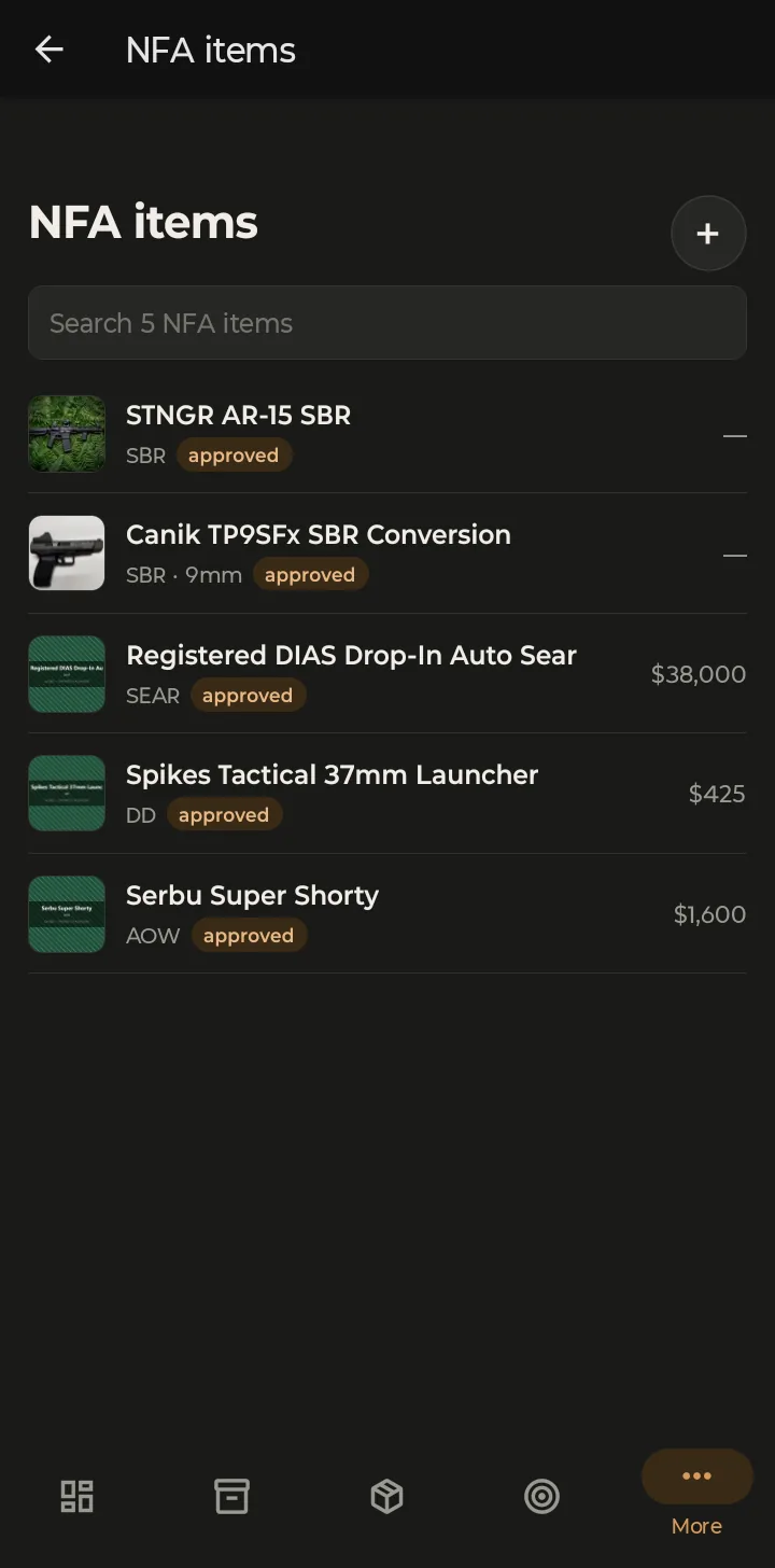 The NFA items list: SBRs, a registered sear, a destructive device and an AOW, each with its approval status and value