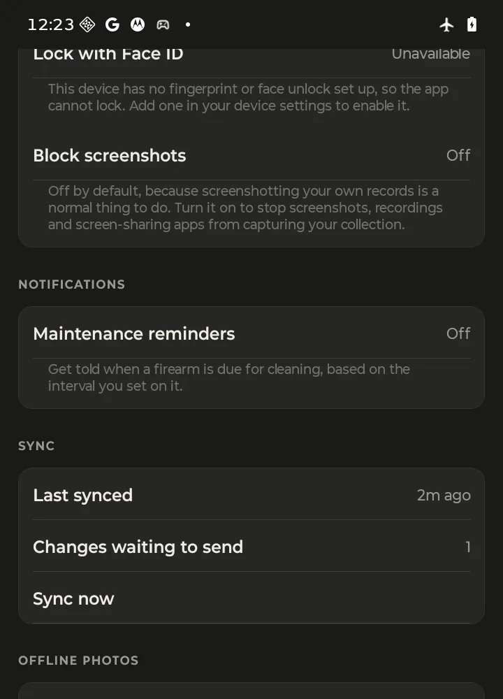 The Sync section in More while offline: Last synced 2m ago, Changes waiting to send 1, Sync now