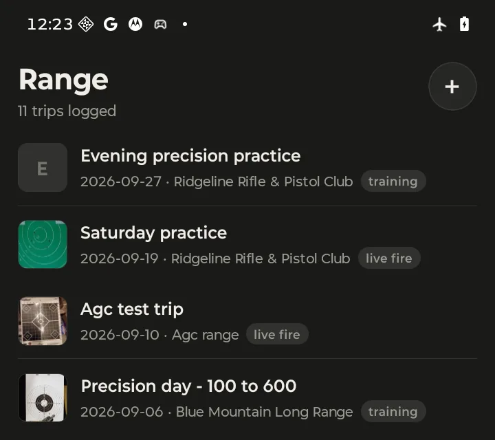 The Range tab with the airplane-mode icon in the status bar and the new Evening precision practice trip at the top of the list