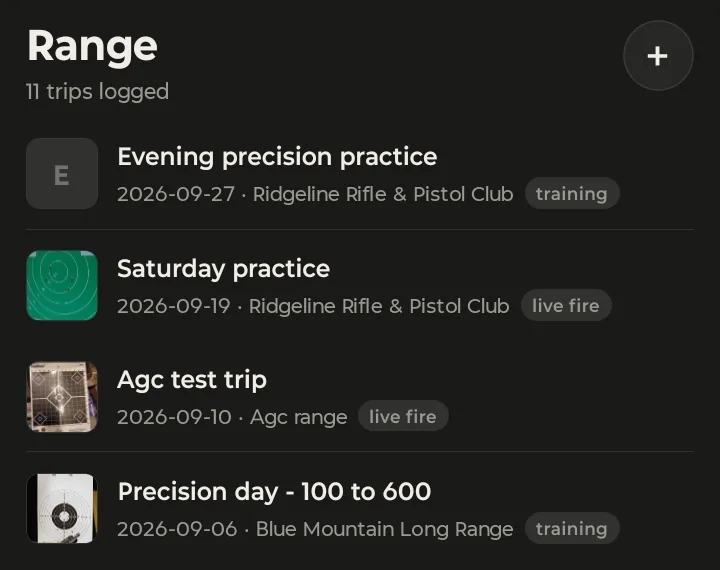 The top of the Range tab: 11 trips logged, newest first, each with date, location and session type