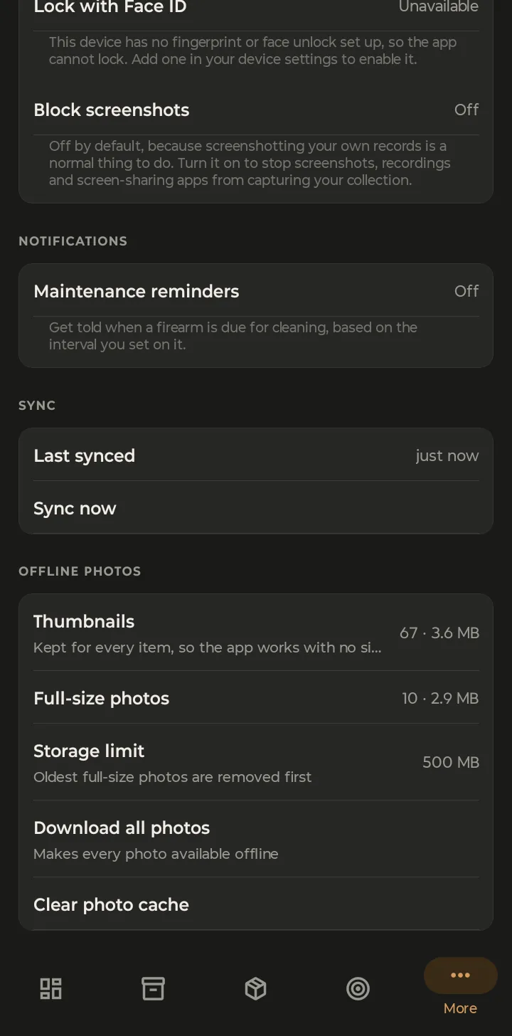 The More tab settings: biometric lock, Block screenshots, Maintenance reminders, Sync with last synced time and Sync now, and Offline photos storage