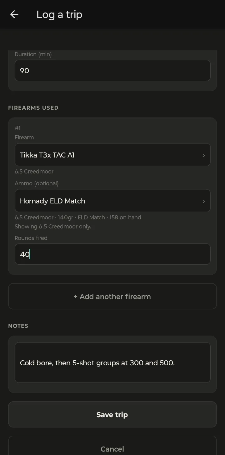 The rest of the form: Tikka T3x TAC A1 with Hornady ELD Match, 40 rounds fired, a note, and Save trip