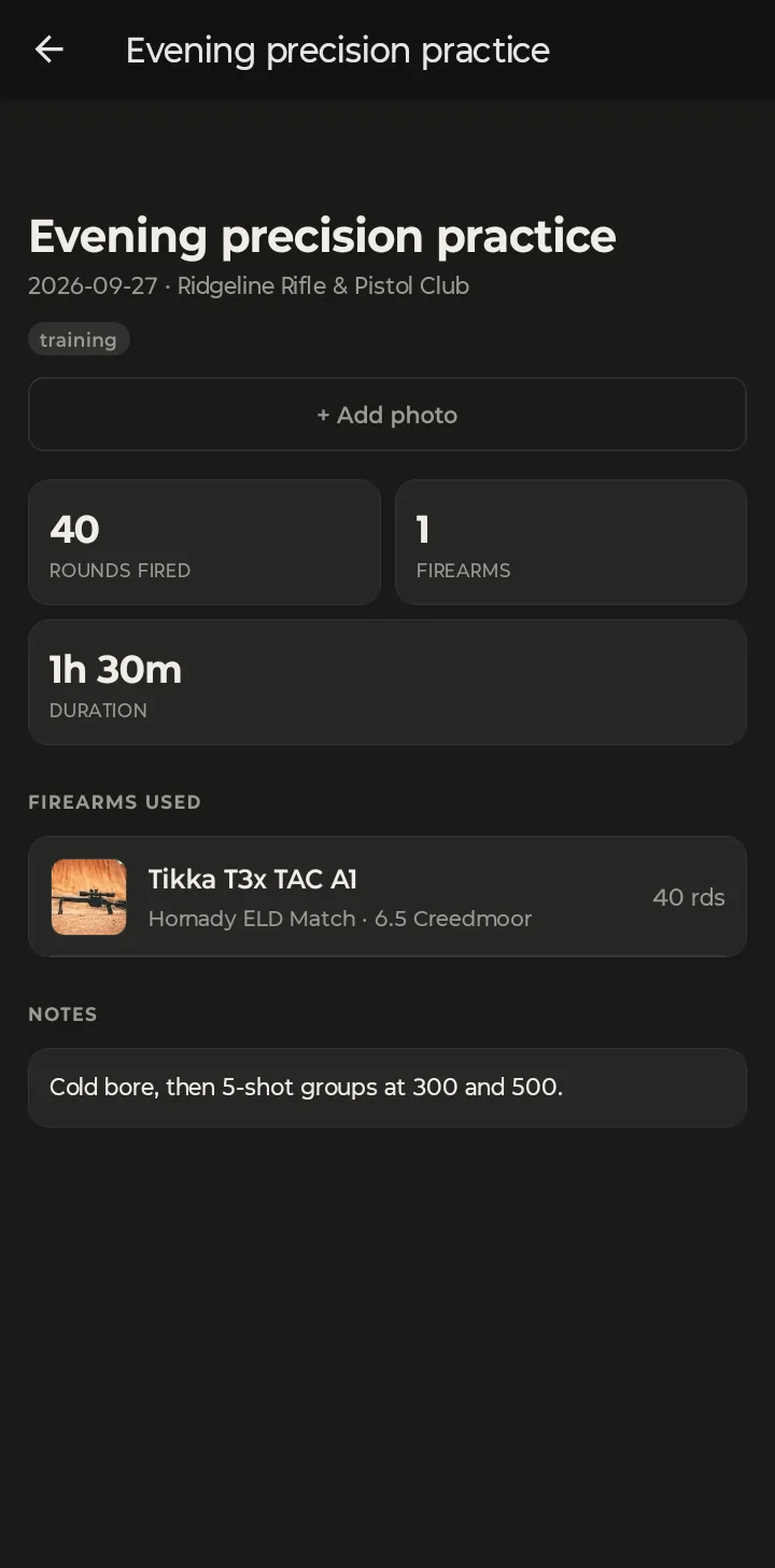 The saved trip: Evening precision practice, 2026-09-27, Ridgeline Rifle & Pistol Club, training, 40 rounds fired, 1 firearm, 1h 30m, Tikka T3x TAC A1 with Hornady ELD Match, and the note