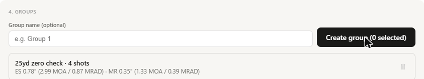 A saved group named 25yd zero check, 4 shots, showing ES 0.78 inches, 2.99 MOA, 0.87 MRAD, and MR 0.35 inches, 1.33 MOA, 0.39 MRAD