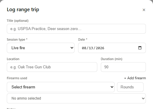 The Log range trip modal — title, session type, date, location, duration, firearm and ammo used, and notes