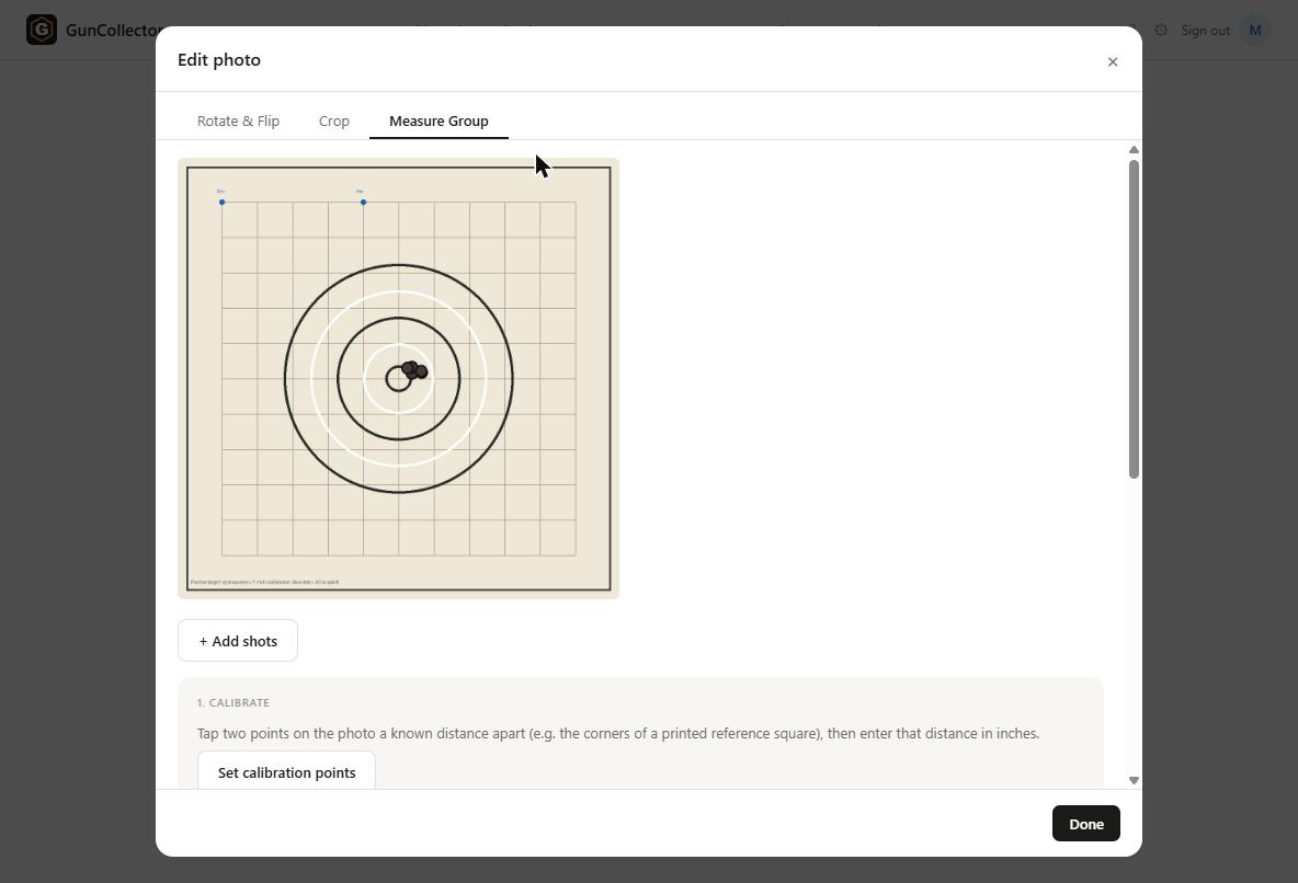 The Measure Group tab in the photo editor, showing the uploaded target photo with an Add shots button, and steps for Calibrate, Shooting Distance, Bullet Holes, and Groups